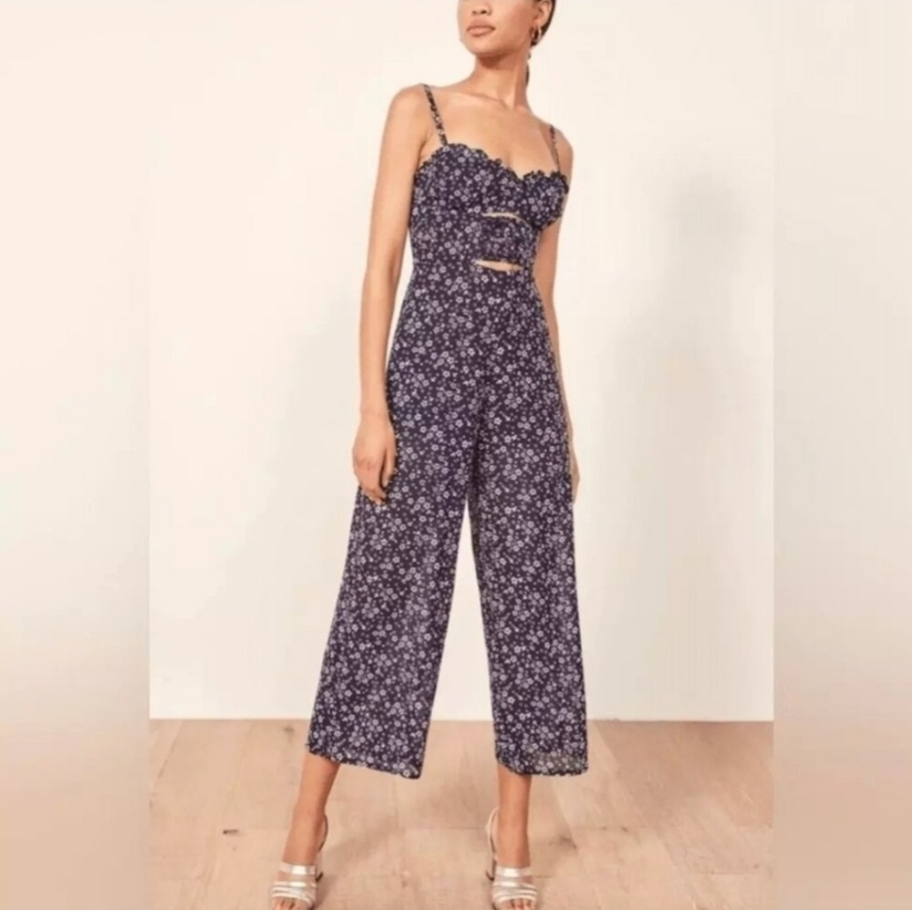 Reformation Fergie Jumpsuit Size 4 Navy Blue Floral Print Cutout Lace Up Corset